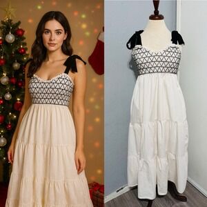 Women Ivory Smocked Tiered Tie Straps Maxi Peasant Dress Size L 100% Cotton